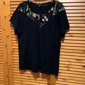Lane Bryant black tee size 14/16 w/ embroidered mesh inset at neckline. EUC